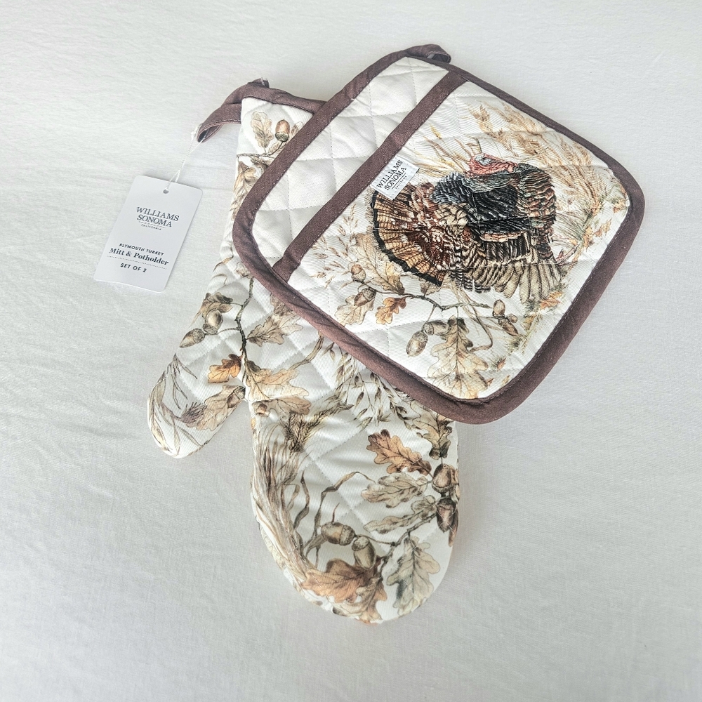 Williams Sonoma Turkey Oven Mitt and Potholder Set in Cream, Brown, Tan